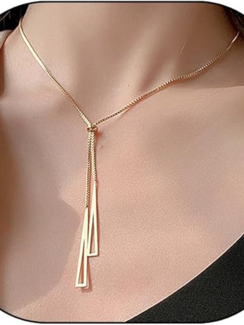 14K Gold Statement Y Necklace – Double Triangle Pendant Long Link Lariat Necklac